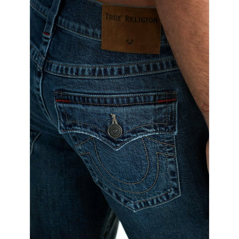 True Religion Men's Ricky Straight Leg Distressed Jeans w/ Rips in Dark Ion